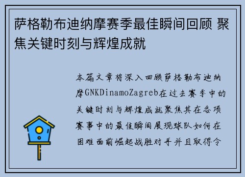 萨格勒布迪纳摩赛季最佳瞬间回顾 聚焦关键时刻与辉煌成就