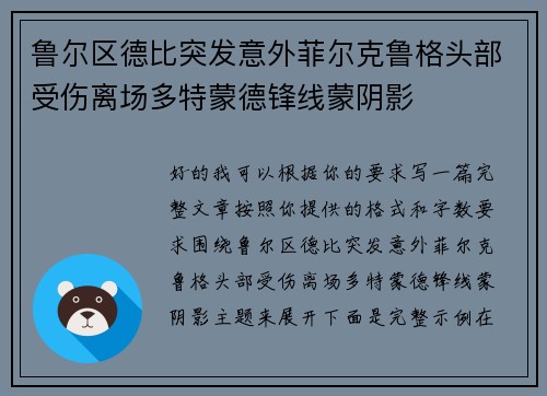 鲁尔区德比突发意外菲尔克鲁格头部受伤离场多特蒙德锋线蒙阴影 鲁尔区德比突发意外菲尔克鲁格头部受伤离场多特蒙德锋线蒙阴影
